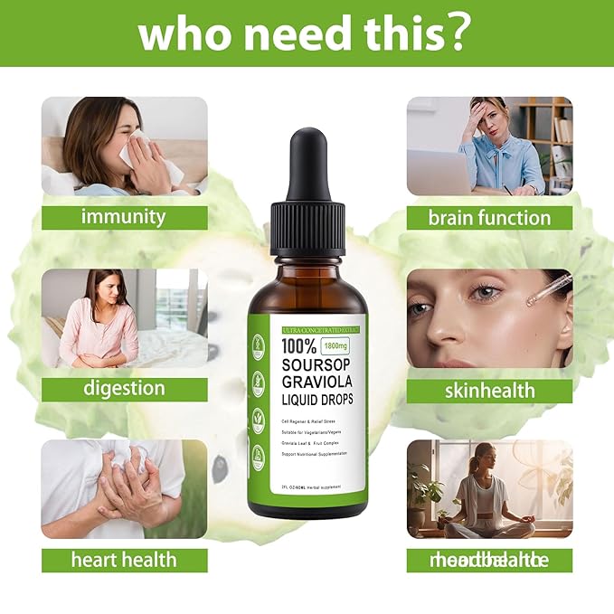 Soursop Graviola Liquid Drop, 100% Organic Pure Soursop Leaves and Fruit Extract, Soursop Bitters Liquid, Soursop Extract Organic Pure 1800mg, Sugar/Gluten Free, Natural Flavor