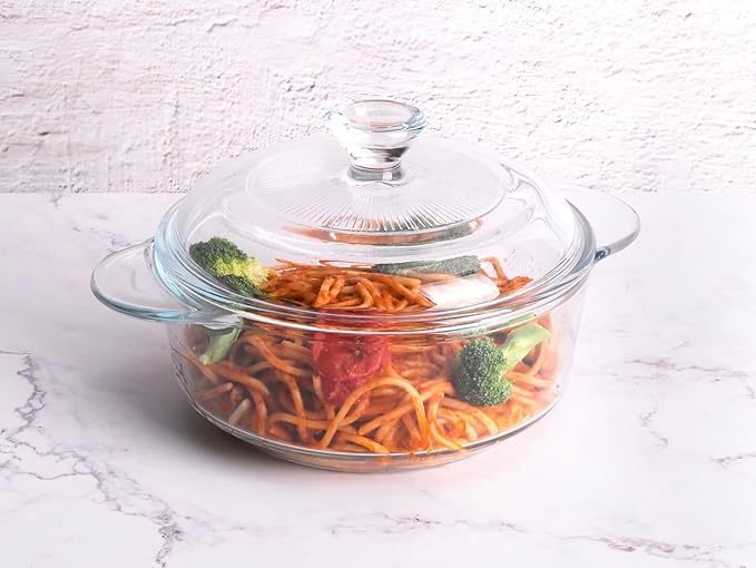 Clear Round Glass Casserole with Lid, Baking Dish with Glass Cover, Glass Casserole for Oven, Freezer and Dishwasher Safe (1-Quart Round)