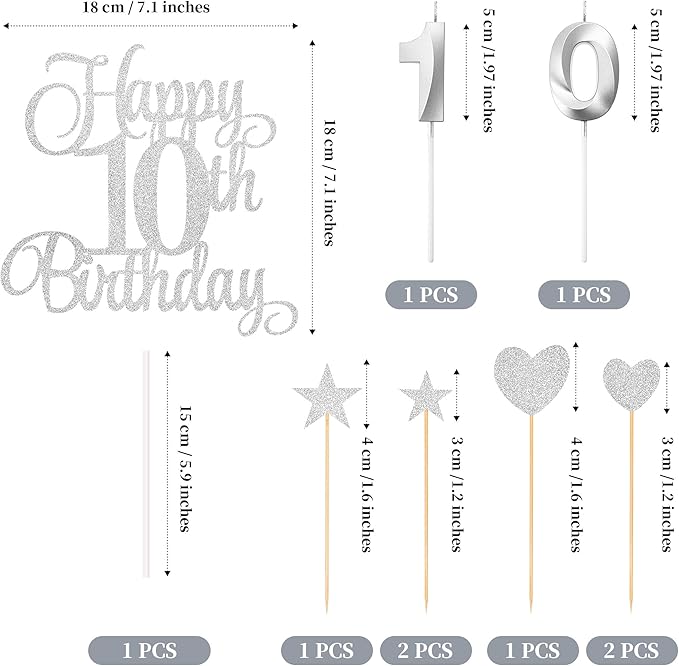 10th Birthday Cake Decorations, 10th Birthday Candles Cake Numeral Candles and Glitter Happy 10th Birthday Cake Toppers Set for Birthday Party Supplies (Silver)