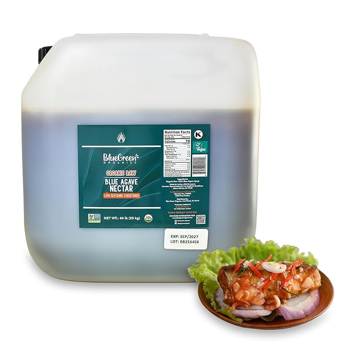 BLUE GREEN ORGANICS, Agave syrup, Agave, Gluten Free, Organic, Sweetener, cakes, coffees, pancakes or any baked good, For restaurants, Sugar substitute Raw, 44 lb, 4 gallon