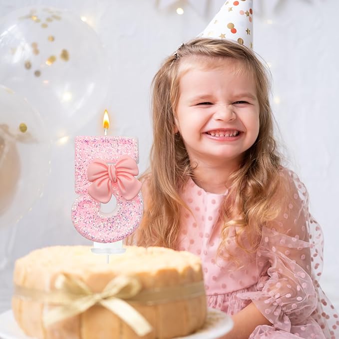 Birthday Cake Candles, Pink Glitter with Bow Cake Candles, Birthday Party Cake Toppers, Cute Birthday Candle Decorations (5)