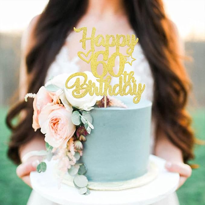 1 Pack Happy 60th Birthday Cake Topper Glitter Heart Star 60 Fabulous Cake Pick Birthday Sign Cake Decorations for Children 60th Birthday Theme Party Supplies Gold