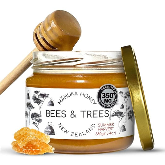 Bees & Trees Manuka Honey 350+ MGO – Pure New Zealand Raw Monofloral Honey – Unpasteurized & Natural – 380g (13.4oz) Glass Jar – Perfect for Coffee, Tea & Daily Wellness