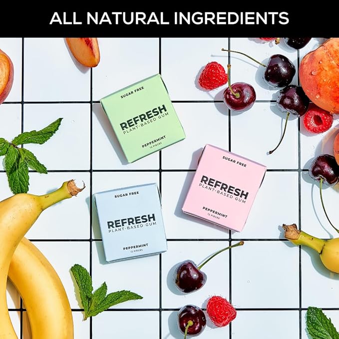 Refresh Gum, Xylitol, Natural, Sugar Free, Long Lasting, Plastic Free, Natural Flavors & Organic Ingredients, Plant-Based, Non GMO, Peppermint, Garden Mint & Raspberry Variety Pack, 12 Pcs, 6 Pack