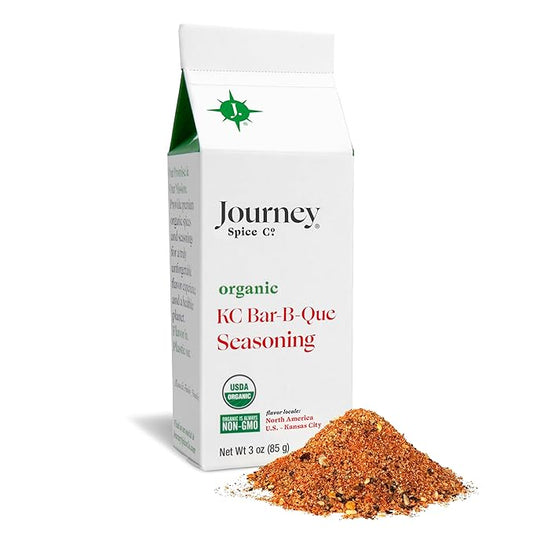 Organic KC Bar-B-Que Seasoning by Journey Spice Co. | Gourmet Kansas City BBQ All-Purpose Rub for Chicken, Poultry, Pork, Meat, Veggies | Salt-Free, Sugar-Free, Non-GMO, MSG-Free | Low-Carb, Keto, Low-Glycemic | 3 oz. | Resealable/Reusable Cap