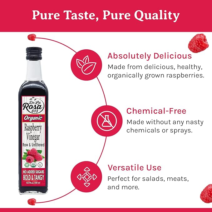 De La Rosa Organic Raspberry Vinegar, Raw & Unfiltered Pure Vinegar, Vegan, Gluten Free & Kosher, Great for Organic Salad Dressing and Marinades, Flavored Vinegar 16.9 Oz (Pack of 1)