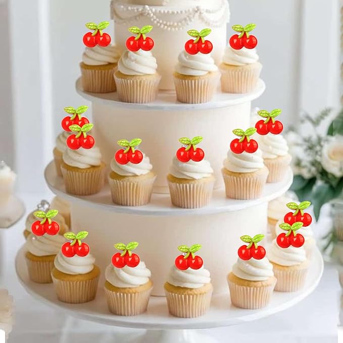 30 Pack Cherry Birthday Cupcake Toppers Red Glitter Cherry Cupcake Picks for Fruit Baby Shower Kids 1st Birthday Summer Cake Decorations Party Supplies