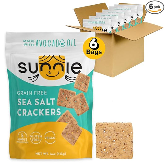 Sunnie Gluten Free Crackers - Healthy Grain Free Sea Salt Crackers, Snacks for Kids & Adults, Made with Avocado Oil, Only 5 Ingredients, Vegan Snack, Low Calorie (4 oz - Pack of 6)