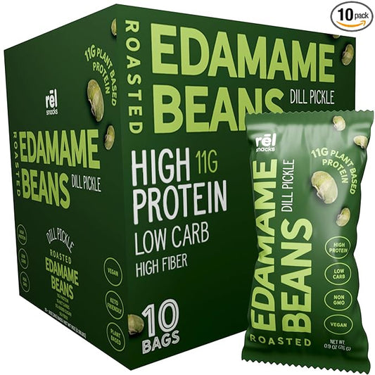 R휆l Snacks Dill Pickle Roasted Edamame ??High Protein Low Carb Snack (11g Protein per Serving) ??Keto-Friendly, Vegan, Non-GMO ??10-Pack 0.9oz Bags