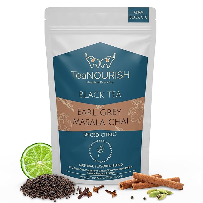 TeaNOURISH Earl Grey Masala Chai Tea | Spiced Citrus | Blend of Assam CTC, Cardamom, Cinnamon, Black Pepper, Clove, Natural Bergamot Extract | 100% NATURAL - 3.53oz/100g