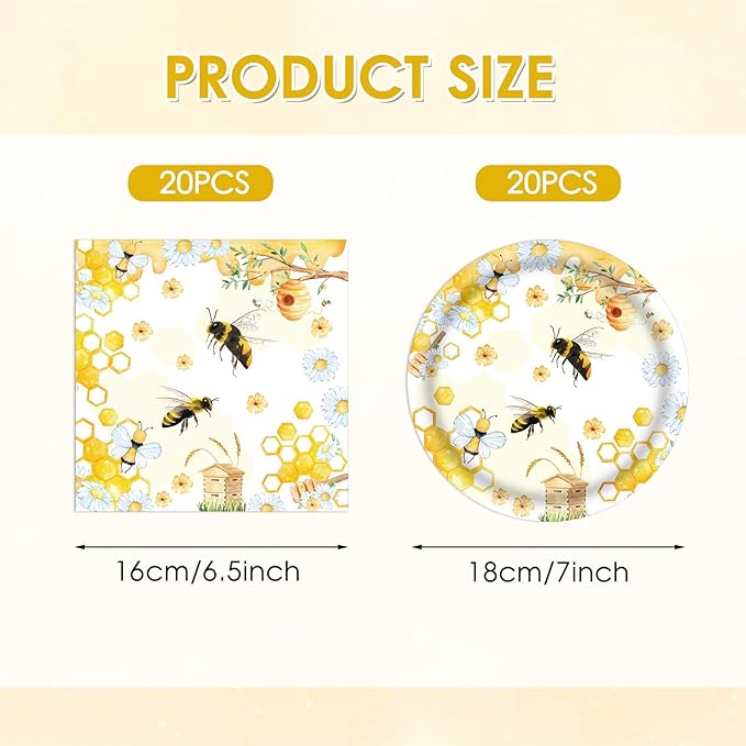 40Pcs Bee Birthday Party Decorations Bee Paper Plates and Napkins Cute Bumblebee Daisy Honeycomb Themed Tableware Set,for Honey Baby Shower Kids Boys Girls Birthday Gender Reveal Decorations,Serves 20