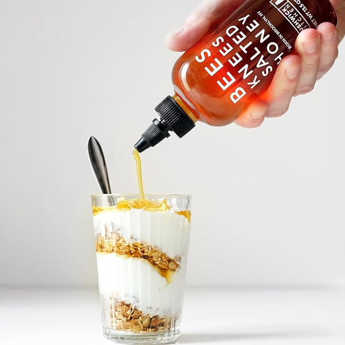 Bushwick Kitchen Bees Knees Honey Sampler Gift Box, Set Includes Spicy Honey, Meyer Lemon Honey, Salted Honey Sauces, Honey Inspired Recipes, Bushwick Kitchen Tea Towel, and Ready-to-Gift Box