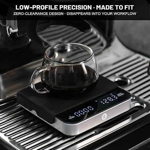 KitchenTour Caf챕Metric Coffee Scale with Timer 0.1g/2000g - Precision Scale for Espresso & Pour Over - Water Flow Speed Mode and Coffee Powder-to-Liquid Ratio Mode - Only Battery, LCD Display-Silver