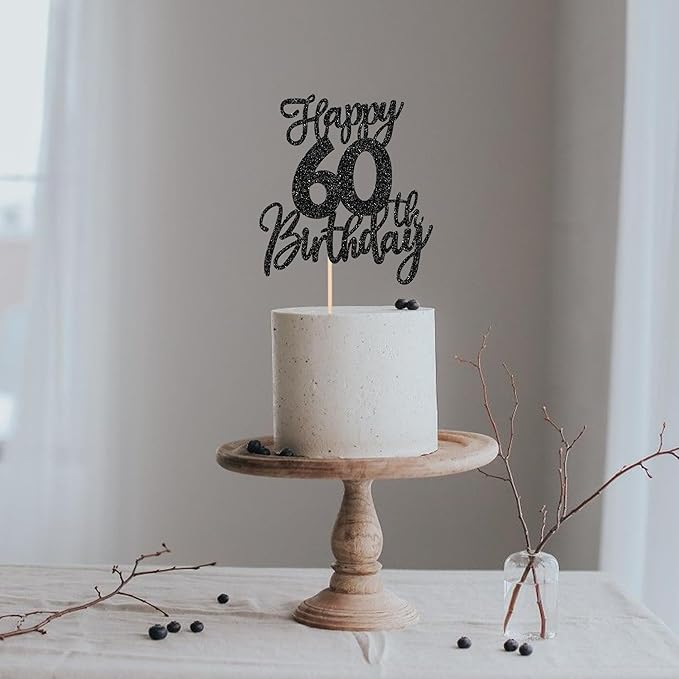 1 PCS Happy 60th Birthday Cake Topper Glitter Cheers to 60 Years Birthday Cake Pick Sixty Hello 60 Fabulous Cake Decoration for Happy 60th Birthday Anniversary Party Decorations Supplies Black