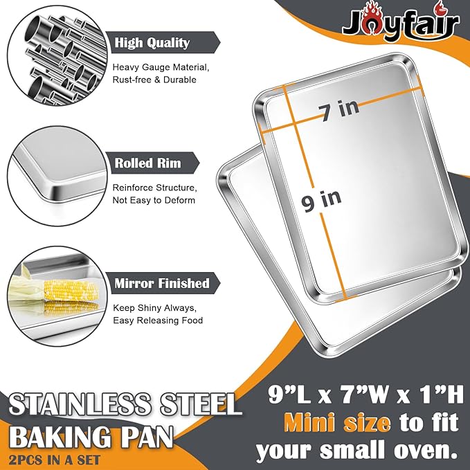 2Pcs Baking Sheet Pan Set, Joyfair Stainless Steel Cookie Sheets, Commercial Metal Pans Toaster Oven Tray Bakeware for Jelly Roll/Bread/Bacon, Heavy Gauge, Rust-free & Dishwasher Safe (9 Inch)