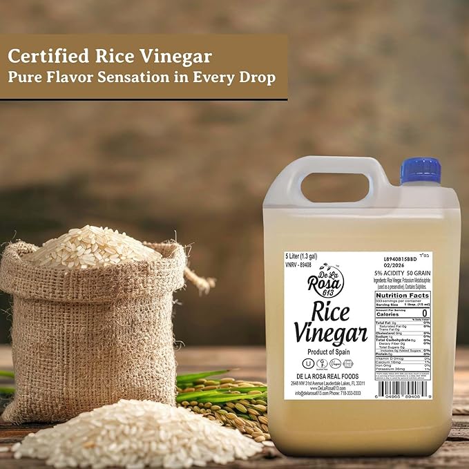 De La Rosa Rice Vinegar 5% Acidity, Kosher, Rice Vinegar for Cooking, Sushi, Salad Dressings and More | Sugar-Free Rice Vinegar - 5 Liter (Pack of 1)