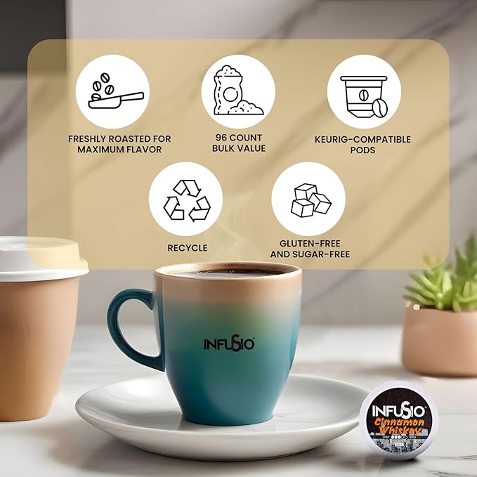 InfuSio Coffee Pods 96 Count Cinnamon Whiskey Flavored Medium Roast Single serve Coffee pods for Keurig K Cups Brewers - InfuSio Premium Roasted Keurig 2.0 Compatible