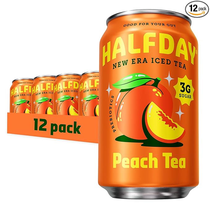 HALFDAY Prebiotic Peach Iced Tea Cans, Supports Digestive & Gut Health, 6g Plant Fiber & Prebiotics, 3g of Sugar, 35 Calories, Real Brewed Tea, Natural Caffeine, Gluten Free, Keto, 12 fl oz (12 pack)