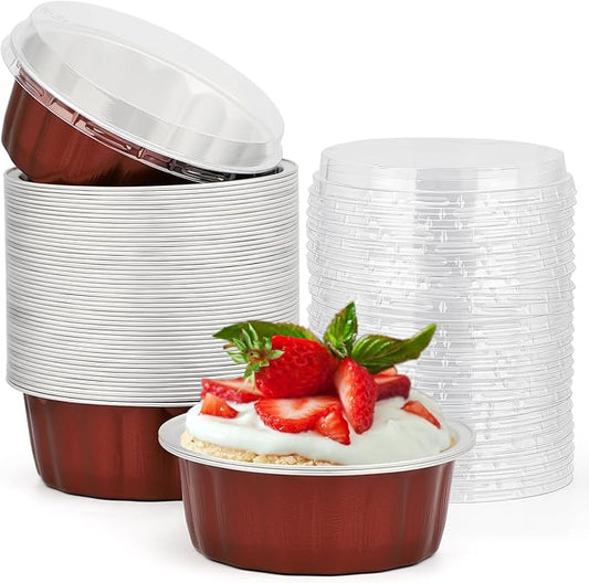 Beasea Disposable Ramekins for Baking, 8oz 50 Pack Aluminum Foil Cups with Lids, Creme Brulee Muffin Cupcake Baking Cup Mini Pudding Cups for Party Wedding Birthday - Wine Red