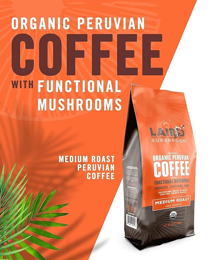 Laird Superfood Peruvian Medium Roast Coffee with Functional Mushrooms, Certified Organic Peruvian Ground Coffee Beans, Gluten-Free, Dairy-Free, Non-GMO, Paleo, Keto Friendly, 12 oz. Bag