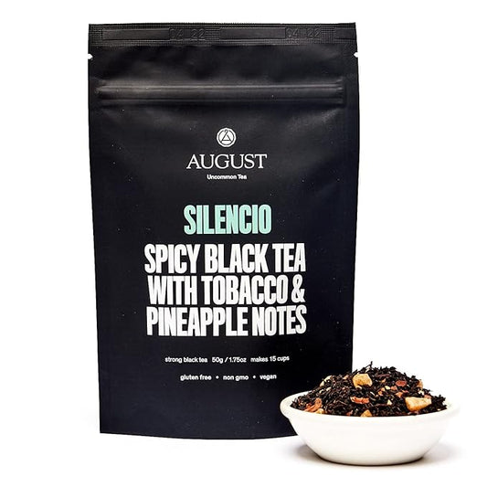 August Uncommon Silencio Loose Leaf Tea ??Dried Pineapple, Cacao Shell and Assam Tea ??Vegan, Gluten-Free, and Non-GMO South Indian Black Tea ??Bold and Tropical Flavor in a Resealable Pouch (1.8oz)