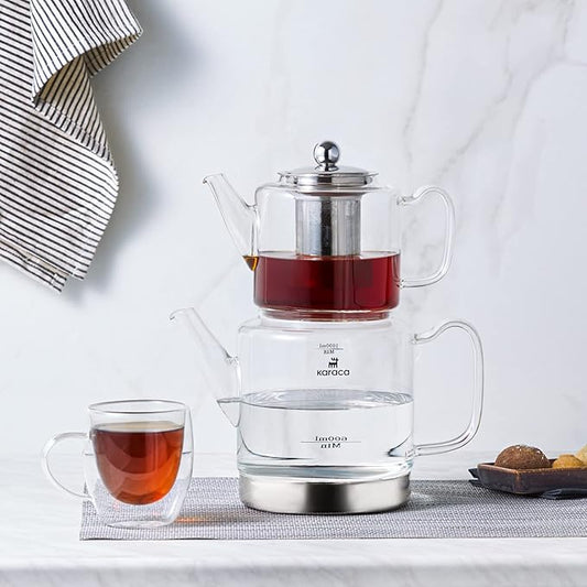 Karaca Dora Teapot Set, Glass, Tea Pot 1 L/33 oz, Kettle 2 L/66 oz Silver, Transparent, Tea Maker, Kettle, Turkish Tea Kettle, Tea Maker, XLarge, Suitable for Induction