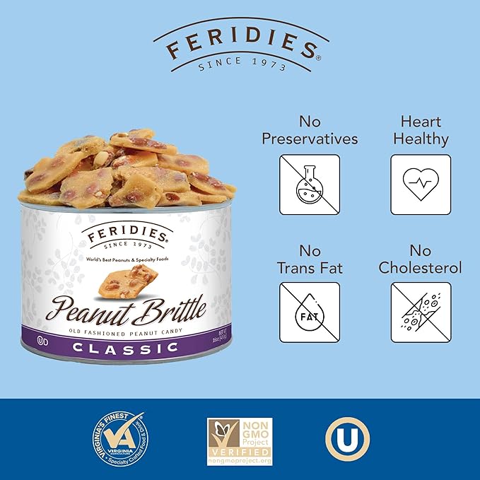 FERIDIES Old Fashioned Gourmet Peanut Brittle, Homemade Candy with Extra-Large Virginia Peanuts - 16 Oz Tin