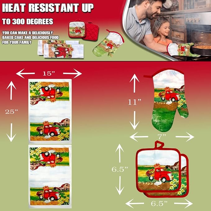 Lobyn Value Packs: 5 Piece Kitchen Towel Set with Vintage Red Truck Design, 2 Decorative Dish Towels, 1 Oven Mitt & 2 Potholders for Countryside Elegance
