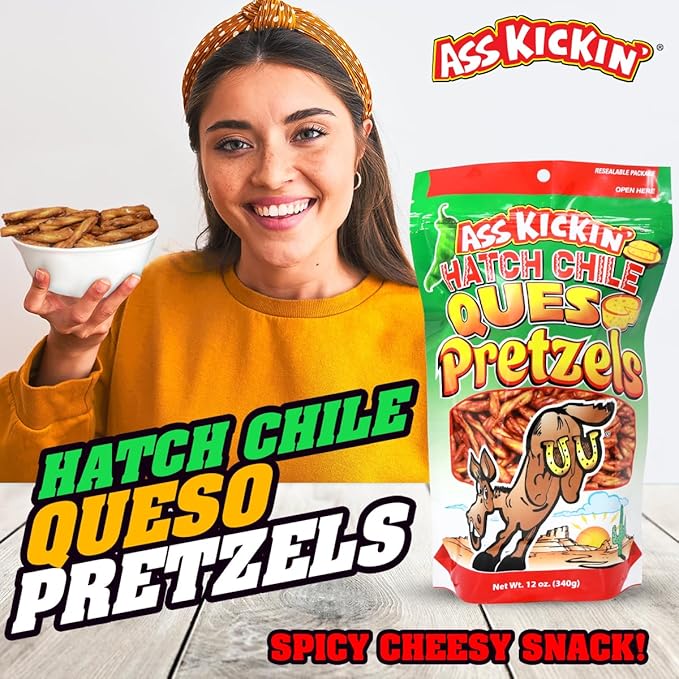 ASS KICKIN??Pretzels 12 Ounce Size Flavor Pack Seasoned Pretzel Twists (12oz, Hatch Chile Queso)