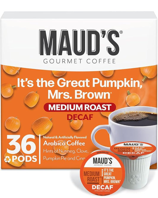 Maud's Decaf Pumpkin Spice Flavored Coffee Pods, 36 ct, Medium Roast Flavored Coffee in Recyclable Single Serve Pods – 100% Arabica Beans, Compatible with Keurig K Cups Maker