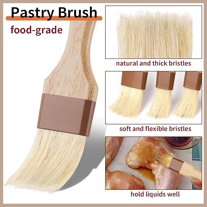3 Pcs Pastry Brush, Natural Bristle Basting Brush, Cooking Brush, Food Brush, Butter Brush, Baster Brush, BBQ Brushes for Sauce, Kitchen Baking Brushes for Oil, Grilling, Marinade