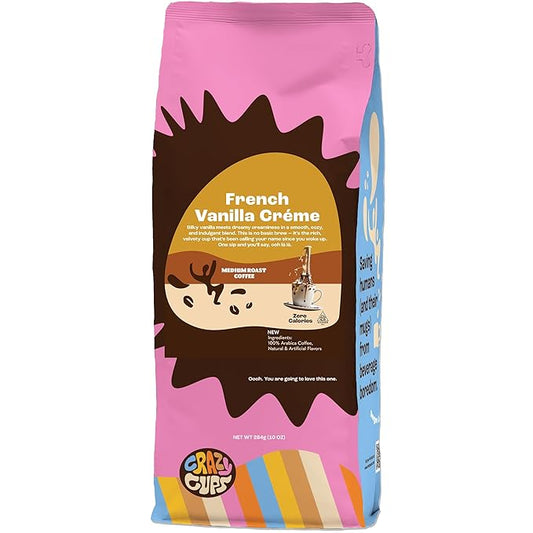 Crazy Cups Flavored Ground Coffee, French Vanilla Creme, in 10 oz Bag, For Brewing Flavored Hot or Iced Coffee
