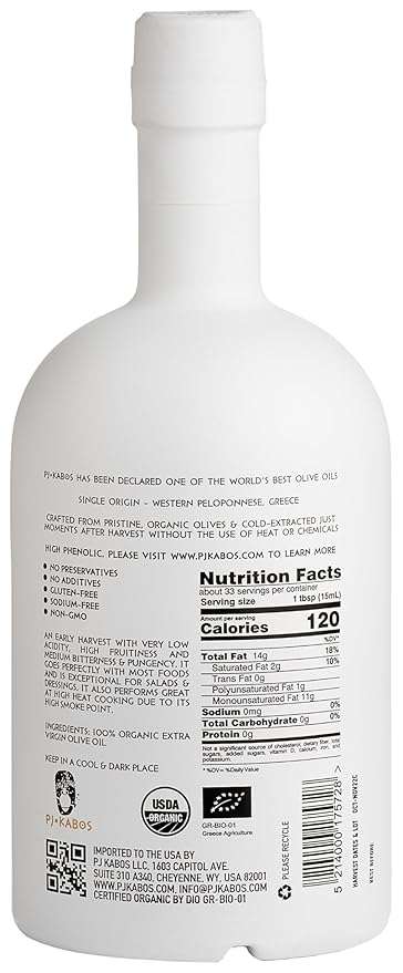 P.J. KABOS 2025 Gold Award Winner, High Phenolic (500+ mg/kg), USDA Organic Greek Extra Virgin Olive Oil, Kosher, Greece, Cold Extracted, 16.9oz, ?쏤amily Reserve Organic - Medium??,<div>