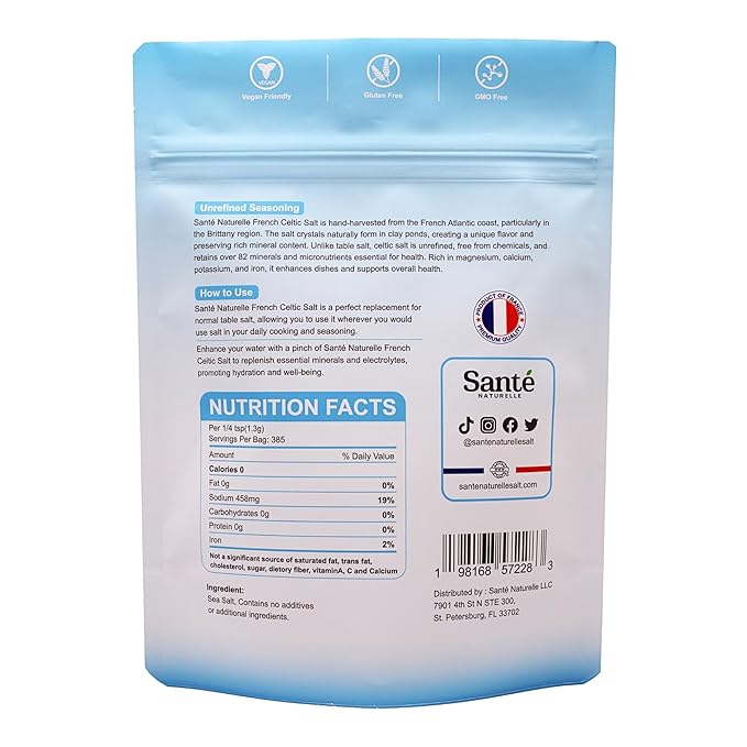 Sante Fine Ground Sea Salt From the Celtic Sea - 1.1lb (18oz) Unrefined French Sea Salt Organic, Rich in 82+ Minerals Salt, 100% Natural & Hand Harvested