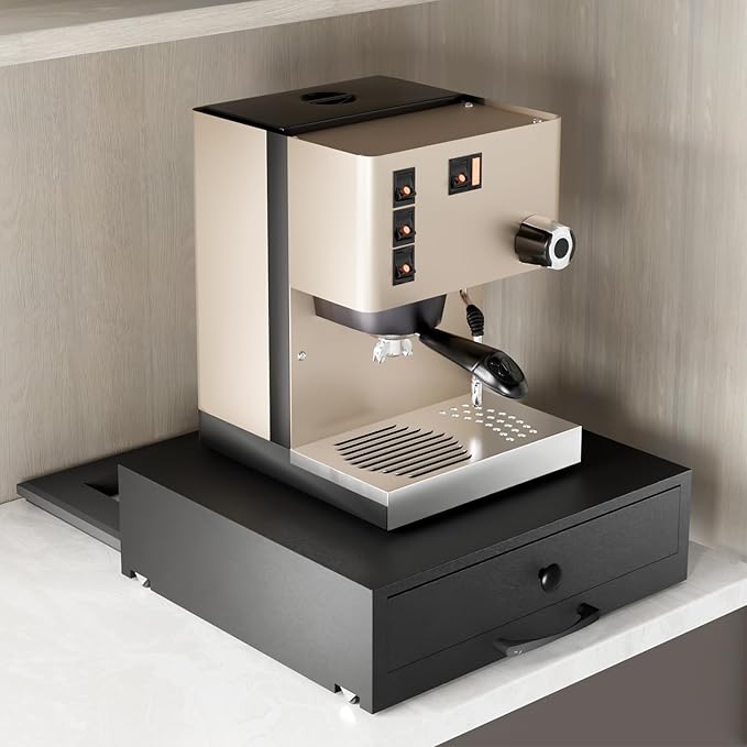 NiHome Acacia Wood Coffee Machine Tray with Pod Drawer, Smooth Wheels Rolling Appliance Slider, Large Drawer for K-Cups, Tea Bags, Under Cabinet Countertop Caddy for Espresso Maker, Blender, Air Fryer