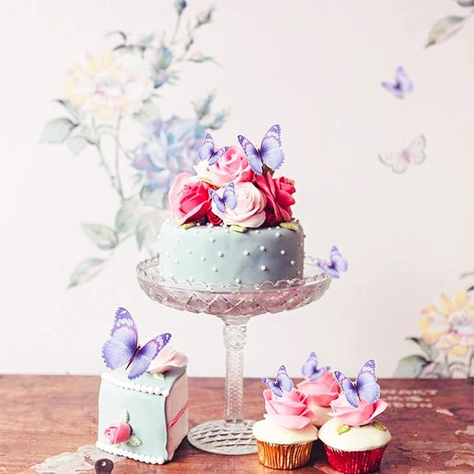 30pcs Bule Purple Mixed Size Lively 3D Waterproof Butterfly Cupcake Topper for Girls Women's Happy Birthday Wedding Party Cake Wall Party Food Decorations