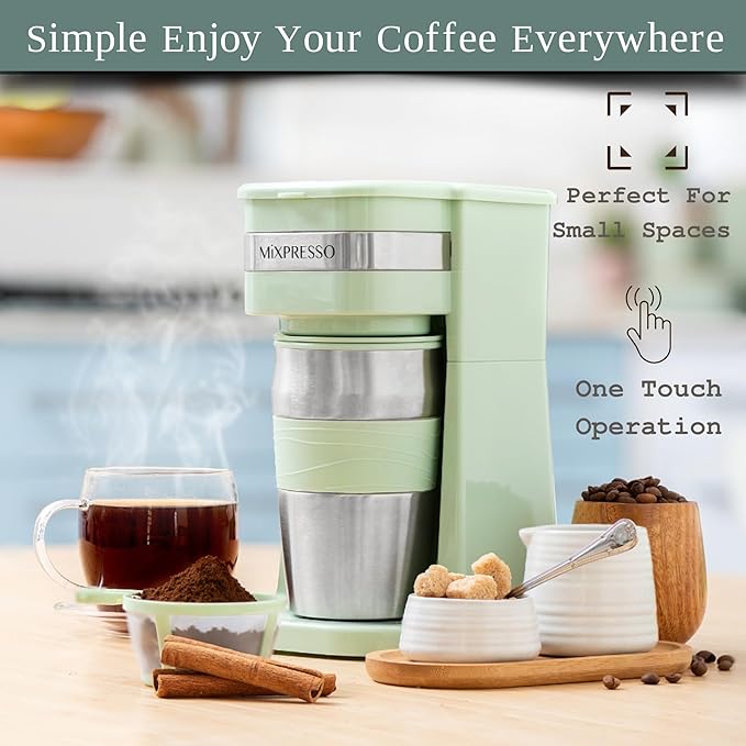 Mixpresso Green Personal Single Serve Coffee Maker with 14oz Travel Mug, Drip Small Coffee Maker with Auto Shut Off, Reusable Filter, Works with Ground Coffee Only ??Not for K-Cup Pods