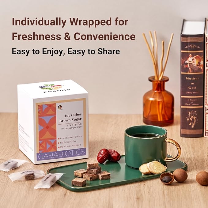 FOODHO GABA Joy Cubes Brown Sugar Cubes Health Blend with Ginger, Longan and Red Dates, Natural Muscovado Sugar, Soothing Ginger Tea, No Preservatives
