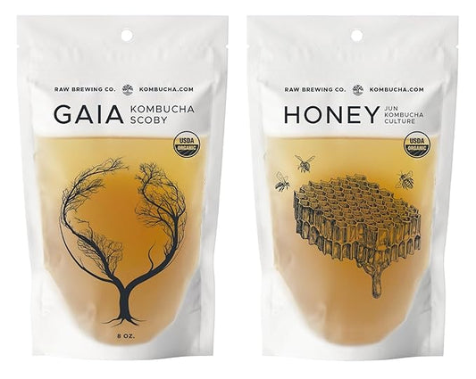 Kombucha.com Organic Scoby Combo Pack: Gaia & Honey Kombucha Starters with Super Strong Starter Liquids & Free Mixed Tea Blend Sample. 16 Ounce (Pack of 2 x 8oz)