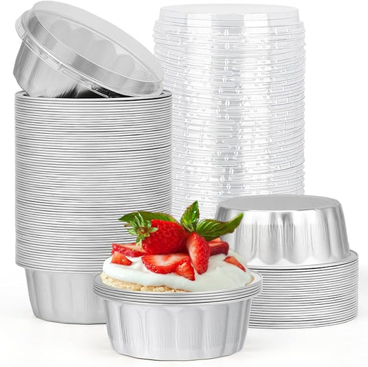 Beasea Ramekins with Lids, 8oz 100 Pack Disposable Aluminum Cups for Baking, Silver Aluminum Foil Creme Brulee Muffin Cupcake Baking Tin Mini Pudding Containers for Party Wedding Birthday