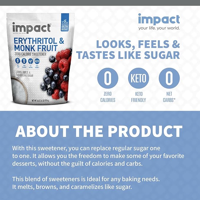Impact White Monk Fruit & Erythritol Sweetener Blend - Gluten Free, Zero Calories, Net Carbs, Keto, Vegan, Non-GMO - 1 is to 1 Sugar Substitute - 4lbs