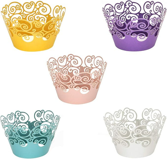 KPOSIYA Cupcake Wrappers 100 Pack Cupcake Wraps in 5 Colors Filigree Artistic Bake Cake Paper Cup Little Vine Laser Cut Liner Baking Cups Holder for Wedding Party Birthday Decoration (Style 2)