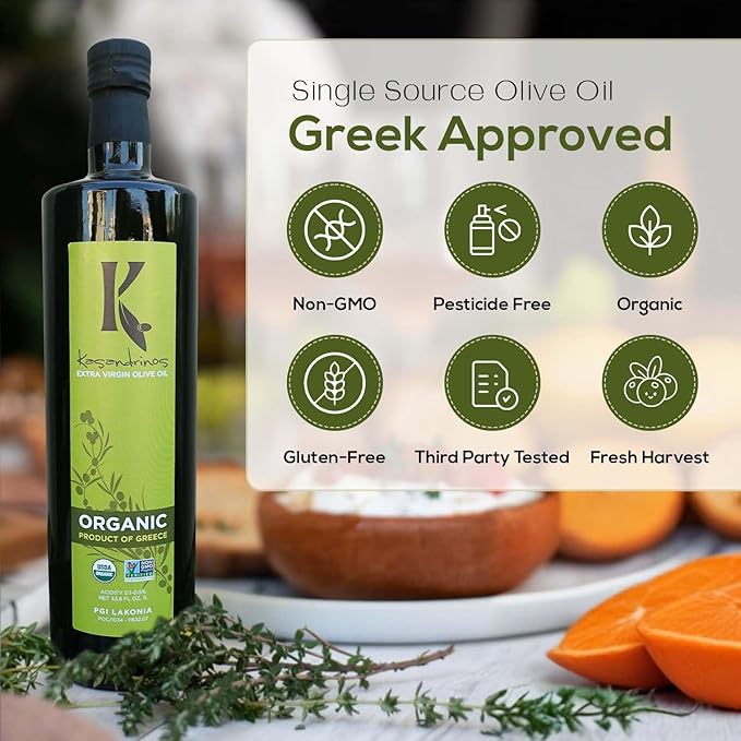 Kasandrinos Organic Olive Oil Extra Virgin, Polyphenol Rich Greek Olive Oil, 100% Organic First Cold Pressed, Mild + Delicate Flavor, Verified by Non GMO, 1 L / 33.8 oz