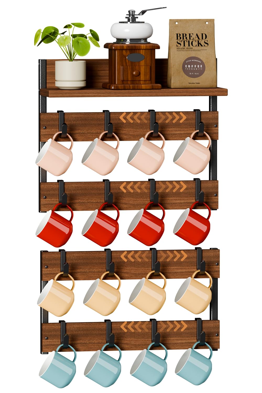 Dhmkfly 2-in-1 Coffee Cup Holder Wall Mounted with 16 Adjustable Hooks