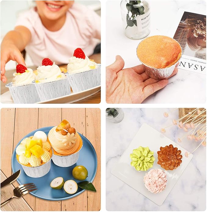 EUSOAR Aluminum Cupcake Liner, 3.5 Ounce 100Pcs Disposable Aluminum Foil Baking Cups, Ramekin Muffin Liners Cup, Pudding Liners Holders, Aluminum Cupcake Tip Pan Ramekin Holders