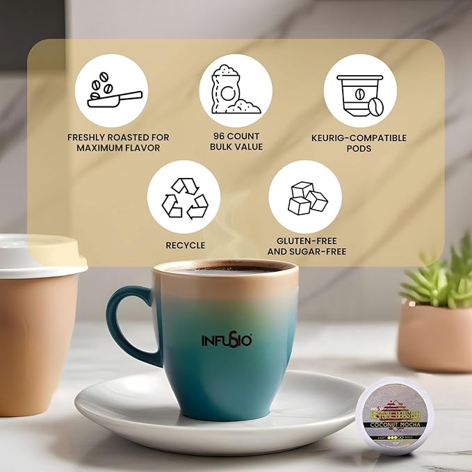 InfuSio Coffee Pods – 96 Count, Coconut Mocha (Flavored Coffee) Single Serve Coffee Pods for Keurig K Cup® Brewers, Compatible with Keurig 2.0 Brewers