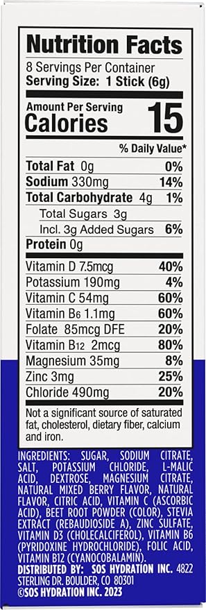 SOS Hydration Electrolyte Powder 8 Stick Packs ??Low-Calorie, Rapid Rehydration, Made in USA, Keto (8 Servings, Mixed Berry)
