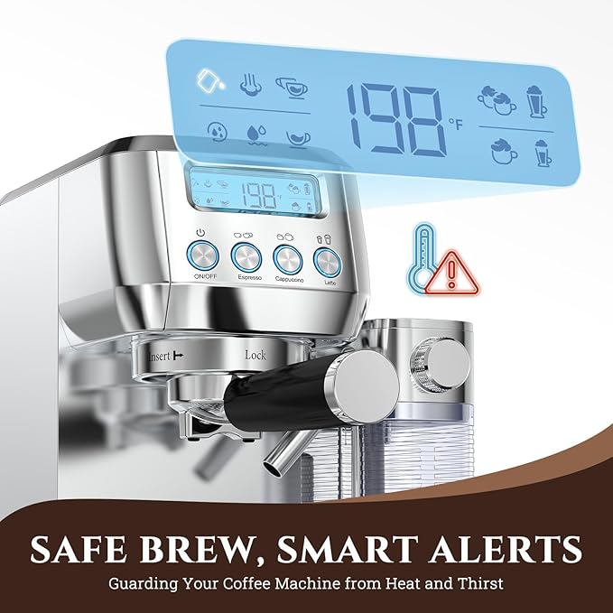 AMZCHEF Espresso Machine with LCD Display, 20 Bar Cappuccino Machines with Automatic Milk Frother for Home Gifts, Latte Coffee Maker with Dual Wall & Filters, Stainless Steel Style sliver