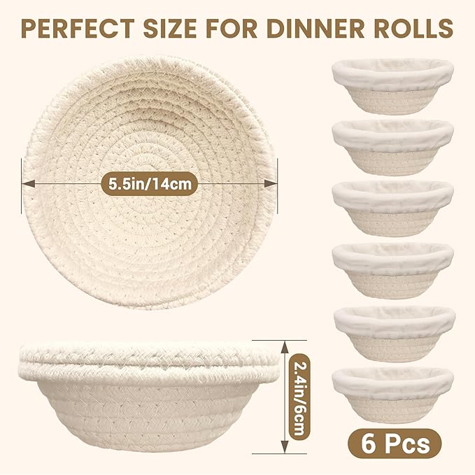 Mini Bread Dough Proofing Basket (5.5'', Set of 6), Natural Cotton Rope Mini Banneton Basket & Liner, Sourdough Banneton Basket for Bread Bowls & Small Loaves