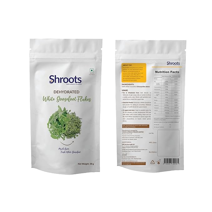 SHROOTS Dehydrated Bathua Leaves Flakes Pure Vegetarian Gluten-Free No Added Salt Easy Cooking Essential Machine Dried Vegetables with Natural Aroma Ideal for Soup or Everyday Meals 1.06 oz, Pack of 1
